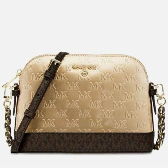Michael Kors Bag Gold Metallic Brown Jet Set Monogram Cham Dome Crossbody Logo - Picture 1 of 11